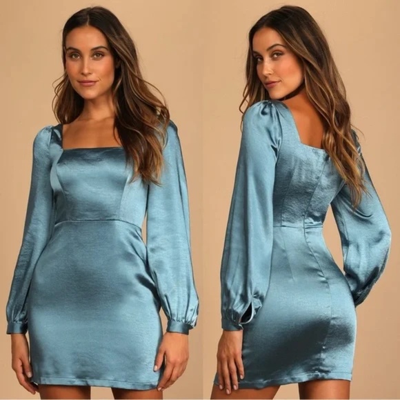 Lulus Got The Love Slate Blue Satin Square-Neck Mini Dress Size L - Picture 1 of 12